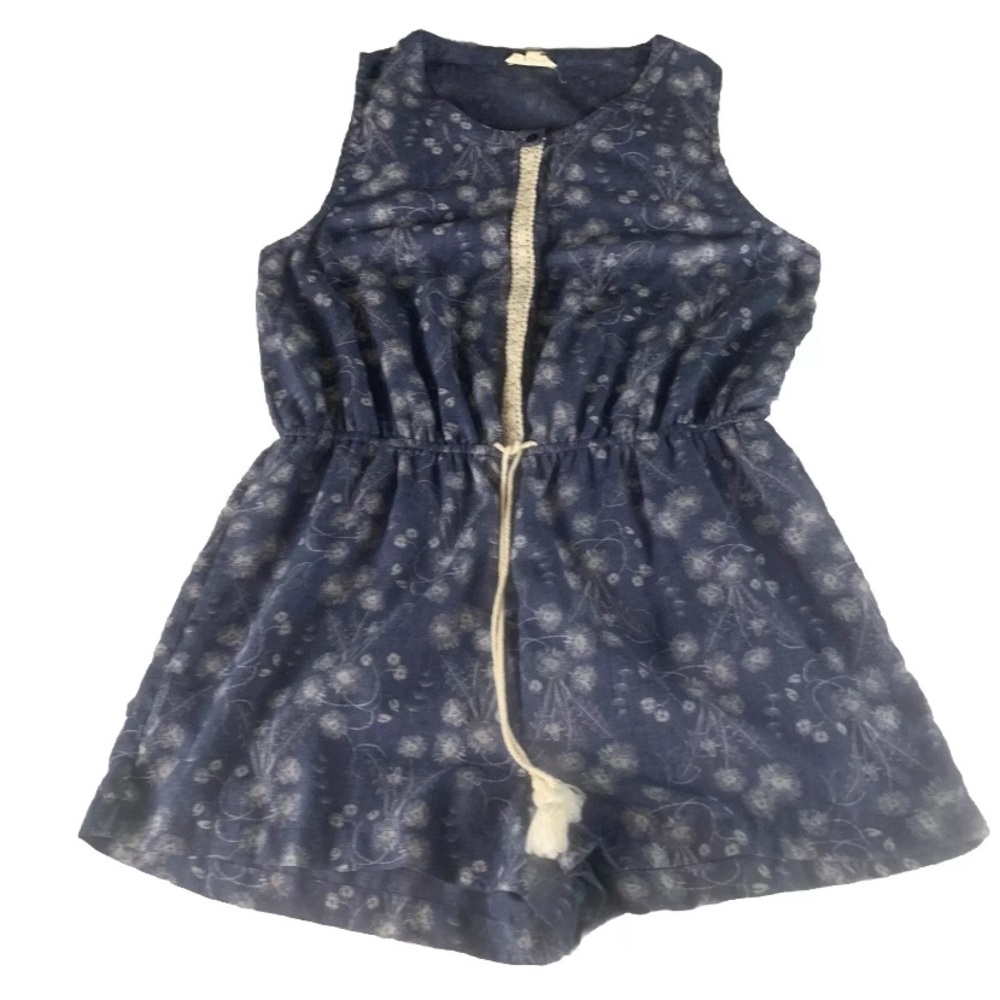 Hem & Thread Womens Navy Floral Sleeveless Romper With Crochet Trim Boho Size L‎